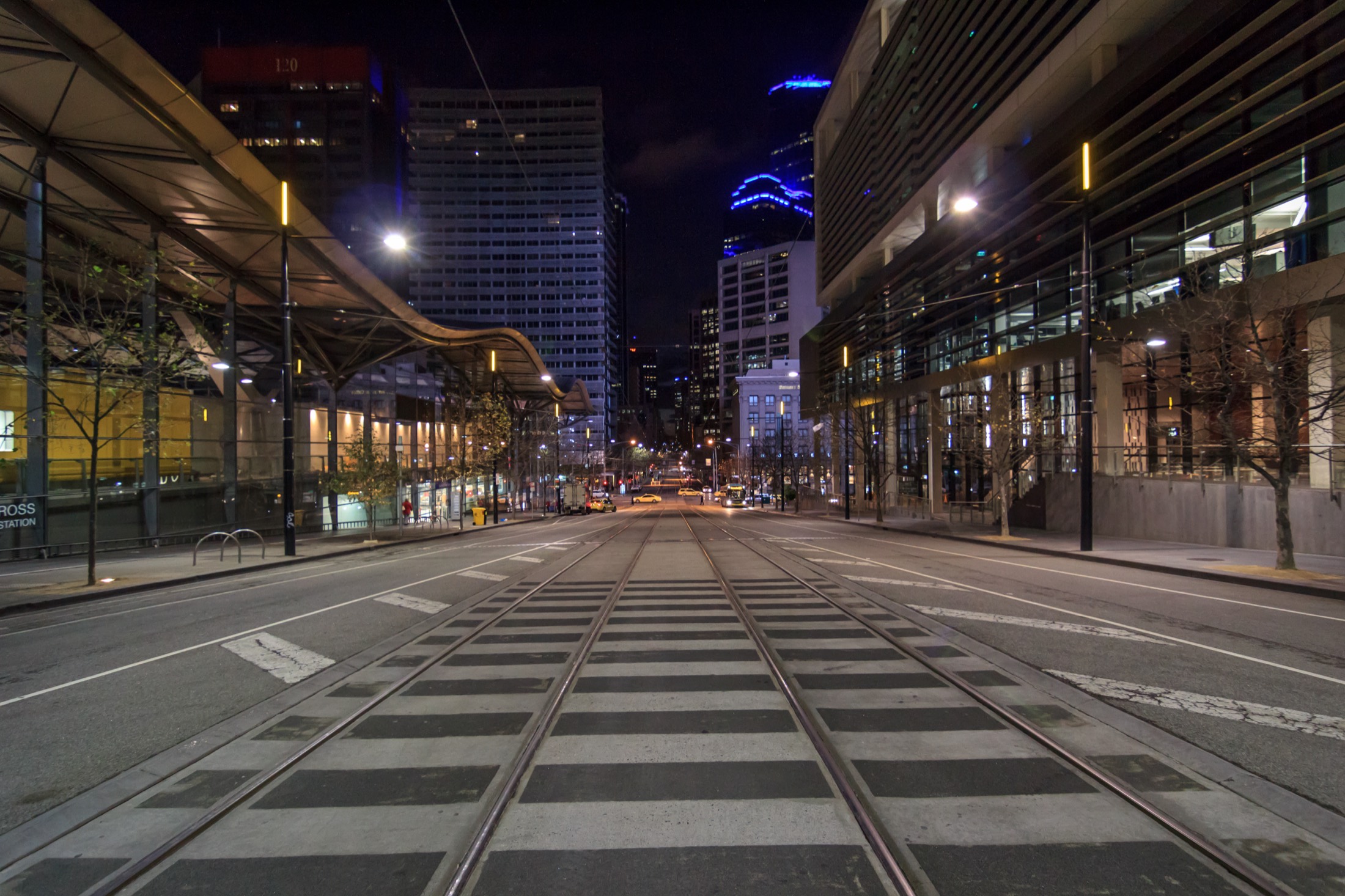 Spencer Street at night beside Southern Cross Station